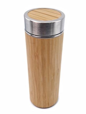 Termos din Inox, placat cu lemn de bambus, sita inclusa, 6.8 cm diametru, 20 cm inaltime, capacitate 450 ML