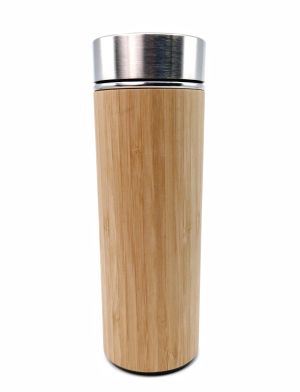 Termos din Inox, placat cu lemn de bambus, sita inclusa, 6.8 cm diametru, 20 cm inaltime, capacitate 450 ML