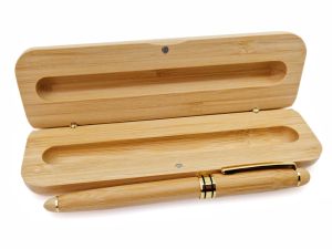 Stilou cu penita, placat cu bambus, 14.5 cm lungime, cu toc din lemn de bambus
