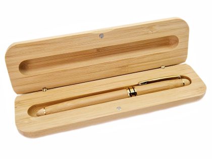 Stilou cu penita, placat cu bambus, 14.5 cm lungime, cu toc din lemn de bambus
