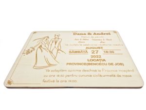 Invitatie nunta, din lemn, gravata cu laser, 15.5 cm x 11 cm, model 1